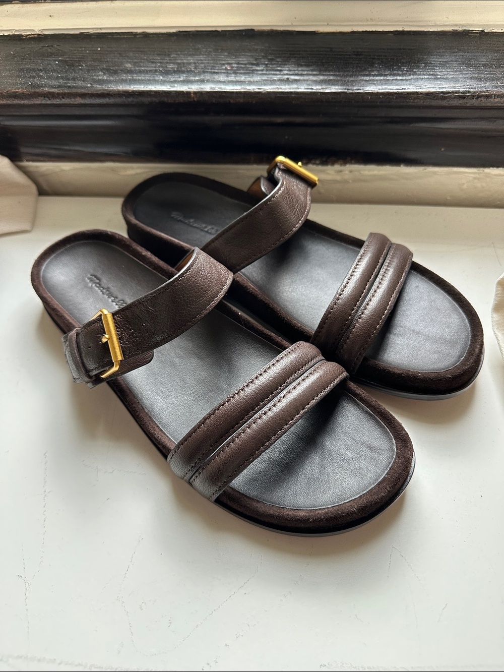 NWOB Madewell Leather Double-Strap Slide Sandals in Dark Brown